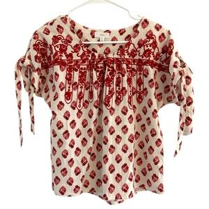 Boho Floral Eyelet Linen Tie Sleeve Blouse